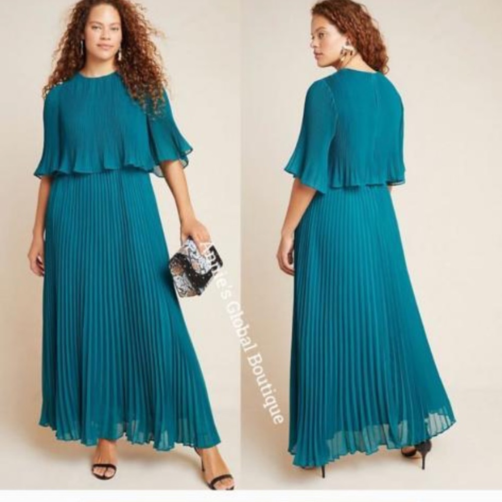 Anthropologie Beautiful teal pleated gown /dress